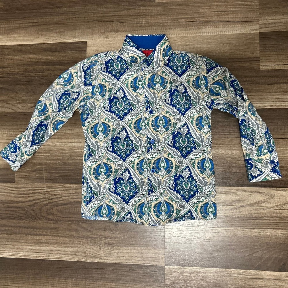 Elie Balleh Milano Italy Kid Button Down Shirt 5 Blue Paisley Modern Long Sleeve